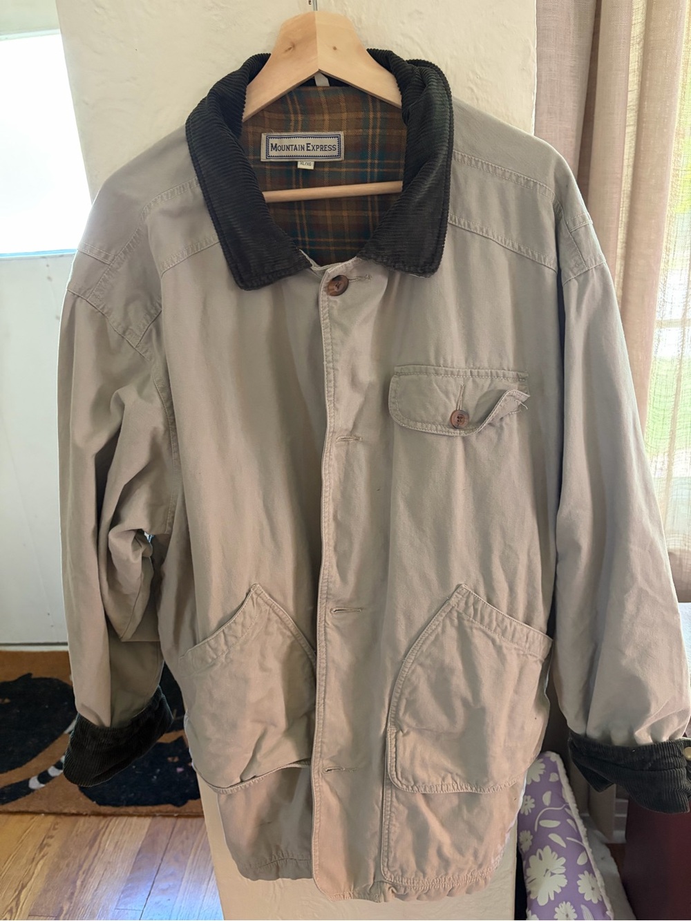 Beige Barn Jacket with Dark Green Corduroy Collar